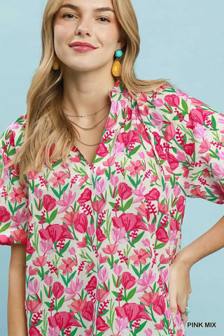 Umgee Floral Puff Sleeve Blouse with Scalloped Details - Glamourous Grace