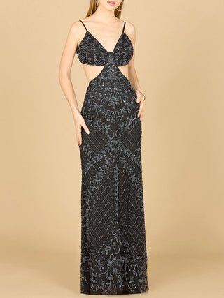 Black Countess Beaded Gown by Lara New York, elegant dress with intricate beadwork and flowing fabric, perfect for formal events.
