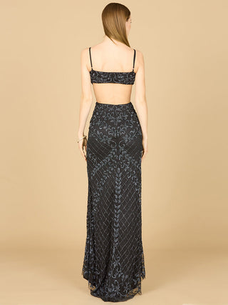 Black Countess Beaded Gown by Lara New York, elegant evening dress with intricate beadwork and flowing fabric.