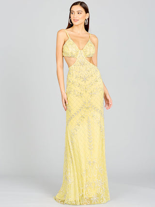 Lara New York Countess Beaded Gown in lemon color, elegant dress with intricate beadwork and flowing fabric.