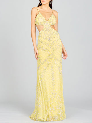 Lara New York Countess Beaded Gown in lemon yellow, elegant dress with intricate beadwork and flowing fabric.
