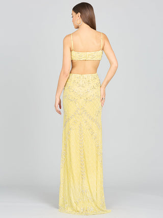 Lara New York Countess Beaded Gown in lemon color, elegant dress with intricate beadwork, sleeveless design, and flowy fabric.
