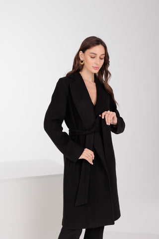 Geneva Classic Wraparound Wool Blend Overcoat in Black
