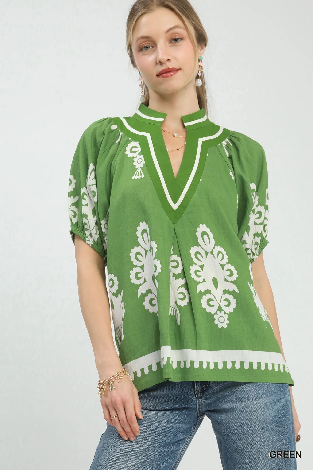 Umgee Boho Print Split-Neck Short Sleeve Top - Glamourous Grace