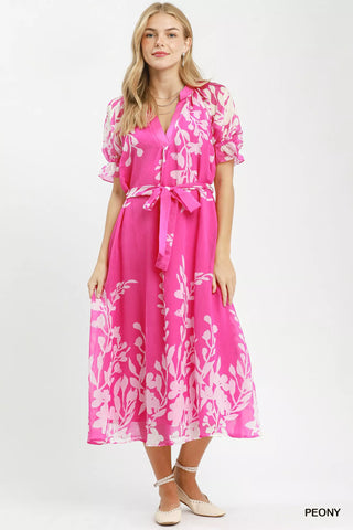 Umgee Floral Print Tie Waist Midi Dress with Side Pockets - Glamourous Grace