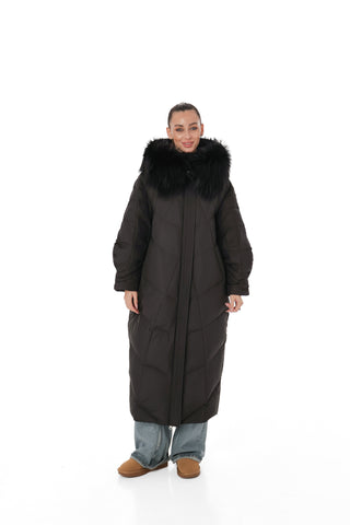 Genuine Silver Fox Fur Trim Down Coat