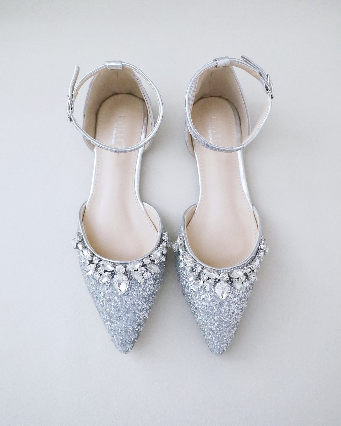 Pointy Toe Glitter Ankle Strap Flats with Teardrop Rhinestones - Glamourous Grace