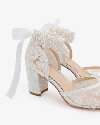 Lace Block Heel For Weddings with Perla Ankle Strap