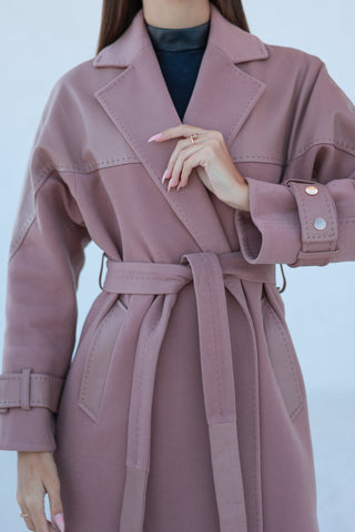 Rose Leather Trim Cashmere Blend Overcoat