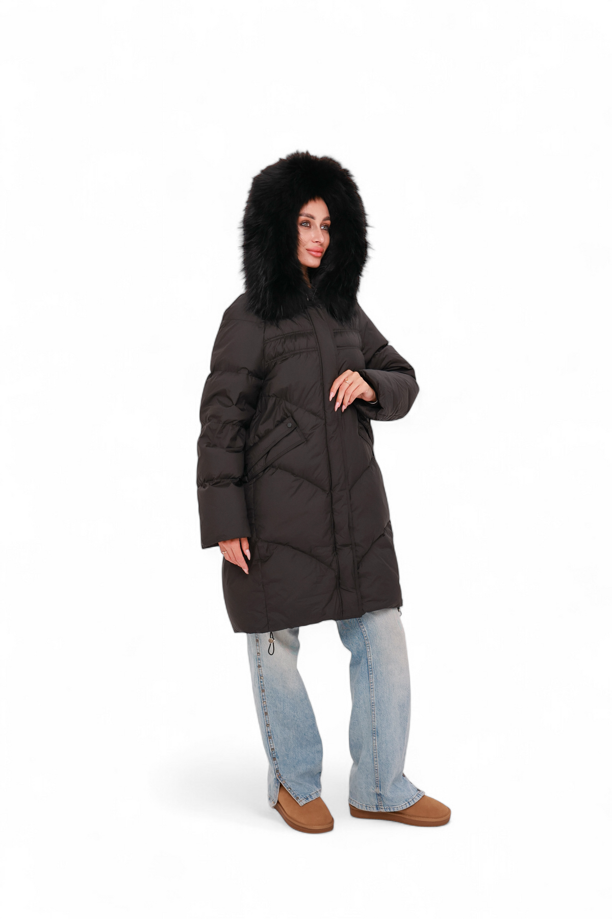 Nellie Genuine Fur Trim Down Fill Coat in Black