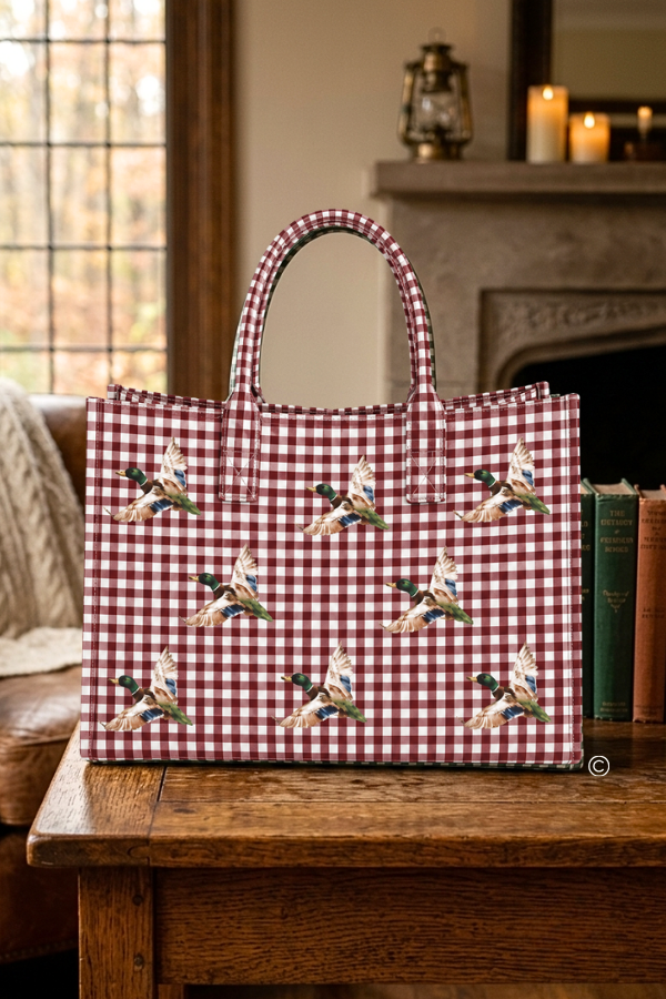 SC - ETA 10/15-10/29 Mallard Marshland Maroon Gingham Vinyl Tote© - Glamourous Grace