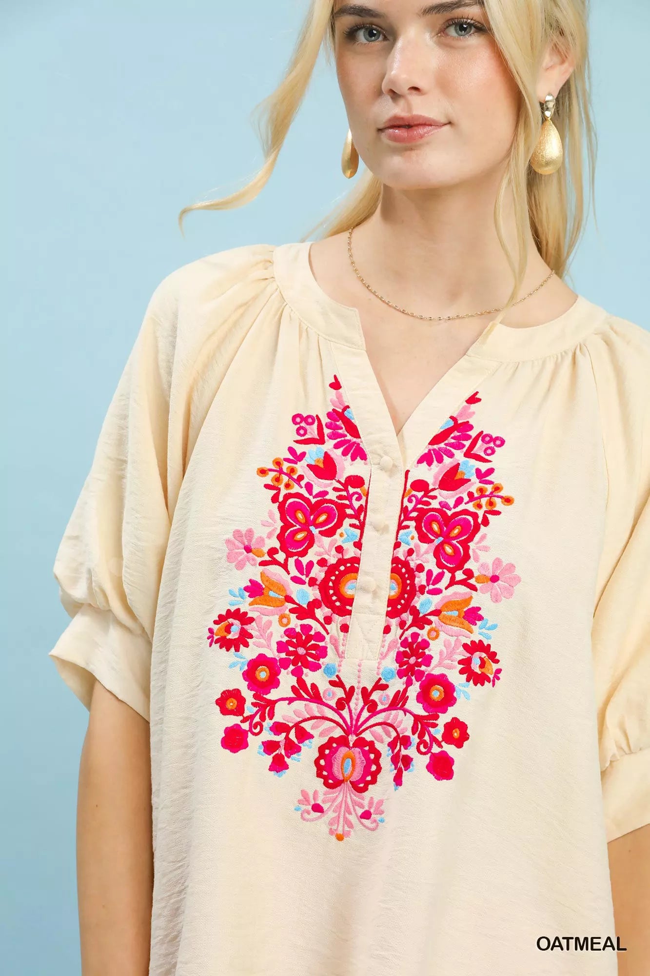 Umgee Embroidered Puff Sleeve Blouse - Glamourous Grace