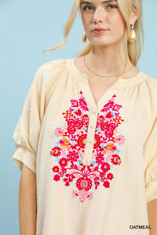 Umgee Embroidered Puff Sleeve Blouse - Glamourous Grace