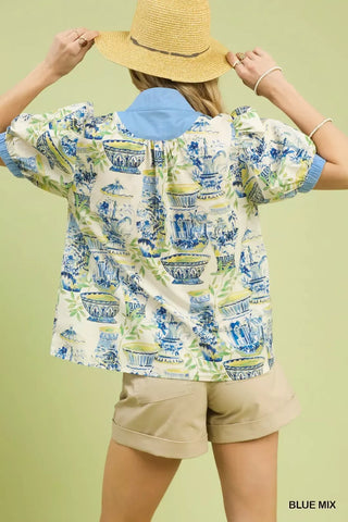 Umgee Abstract Print V-Neck Top in Blue Mix - Glamourous Grace