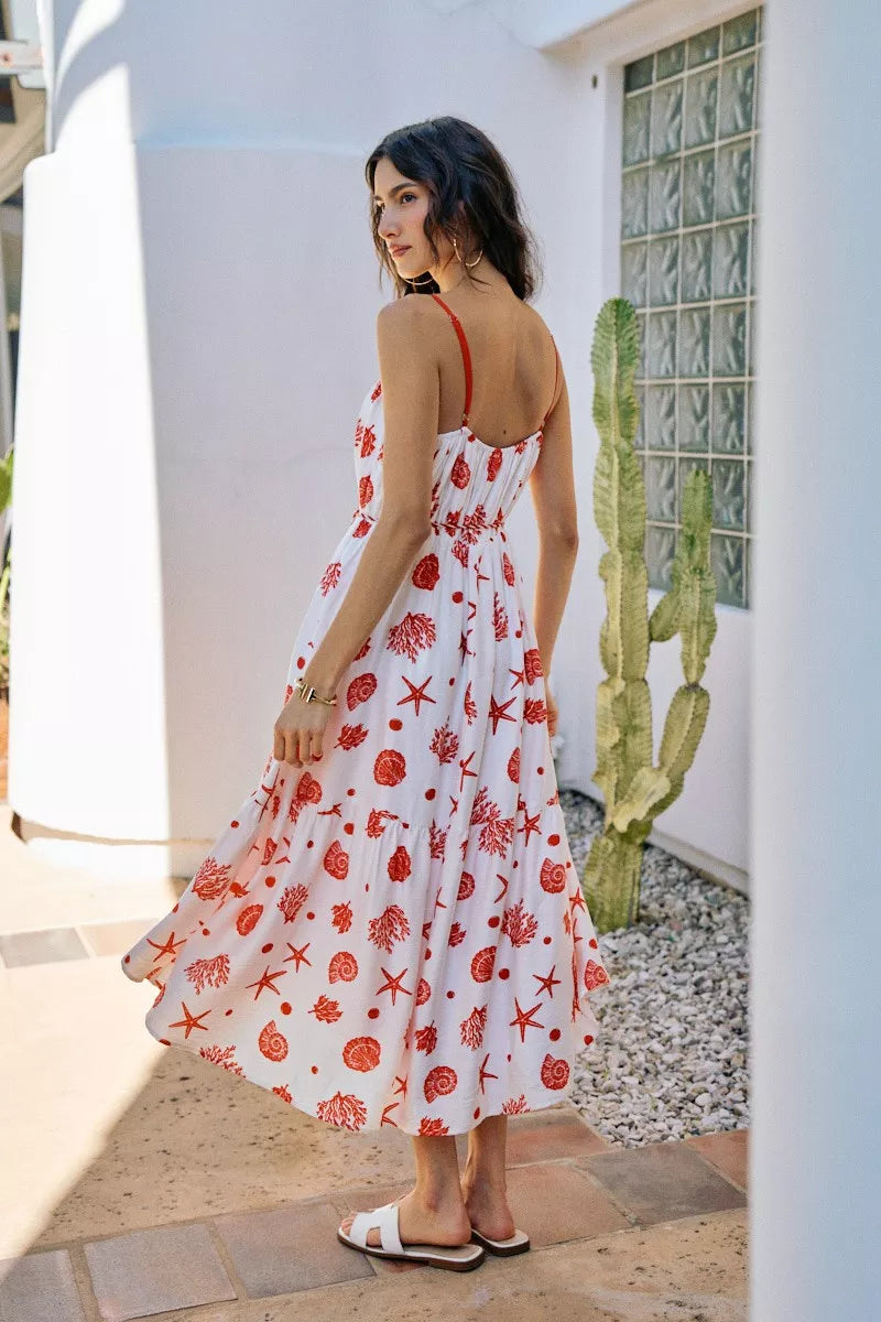 SO ME Shell Print Tiered Lined Midi Cami Dress With Belt - Glamourous Grace