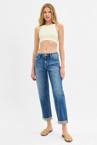 RISEN Mid Rise Boyfriend Roll Up Jeans
