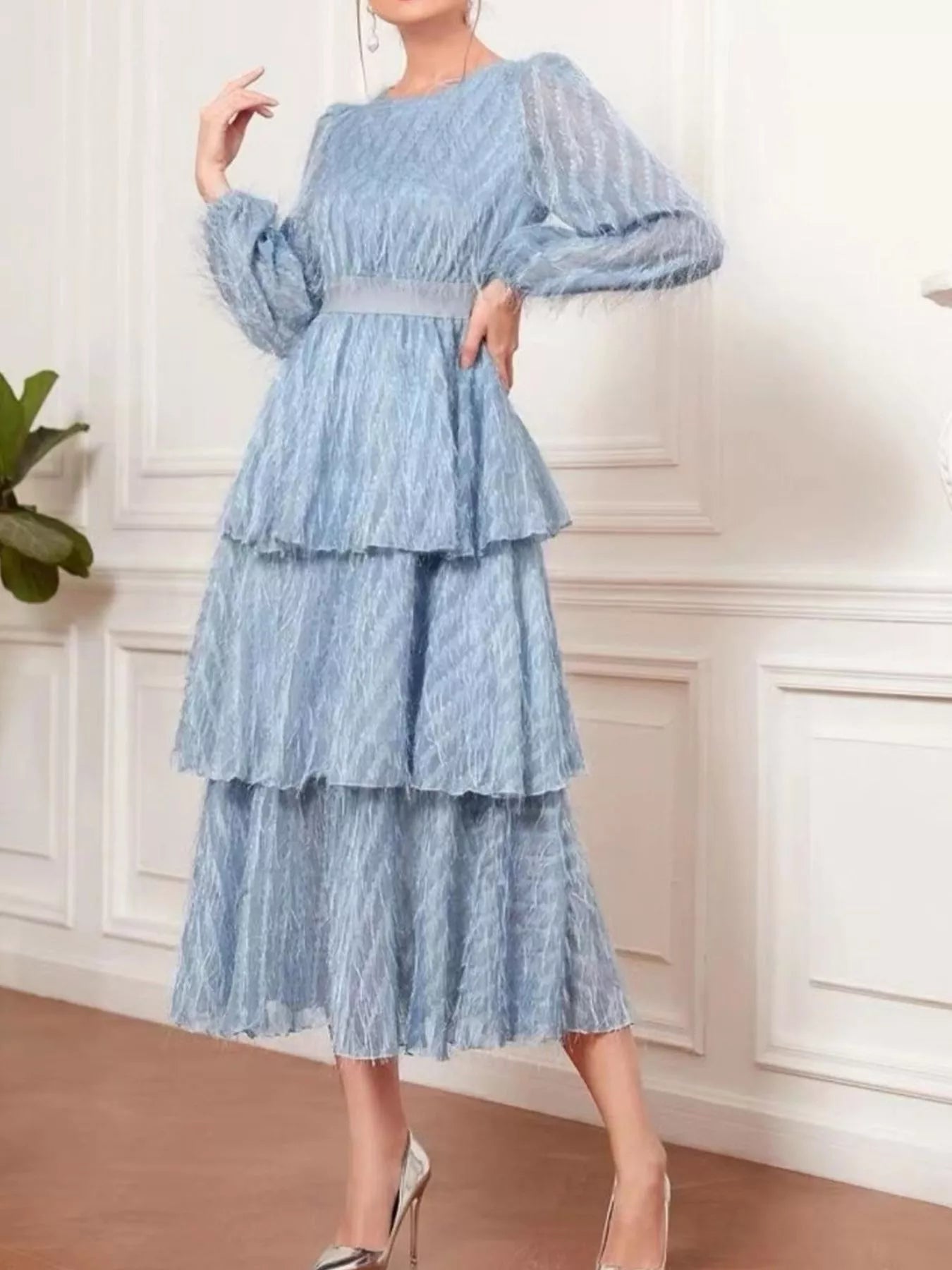 Full Size Layered Balloon Sleeve Midi Dress Plus Size - Glamourous Grace