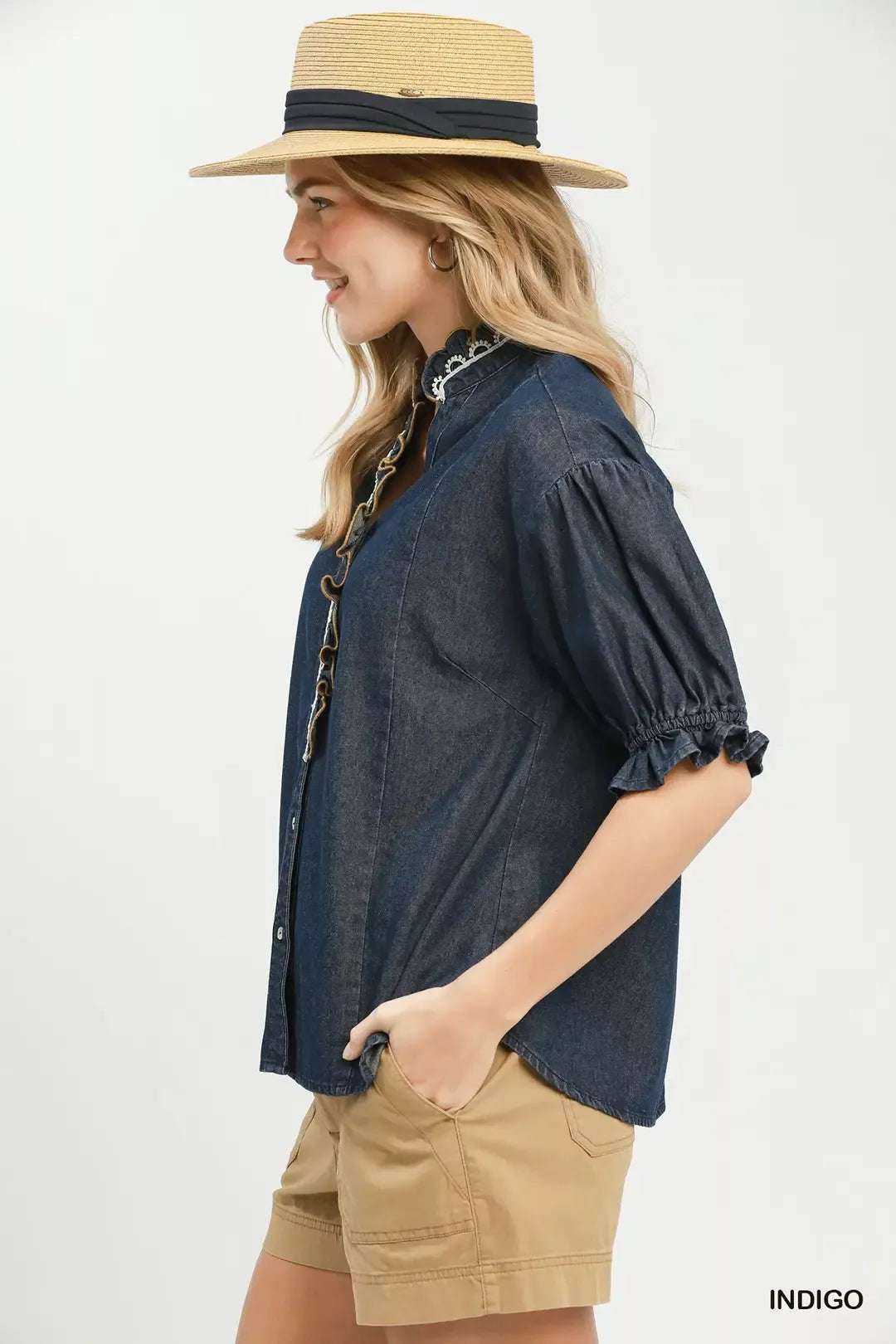 Umgee Chambray Scalloped Trim Button Front Blouse - Glamourous Grace