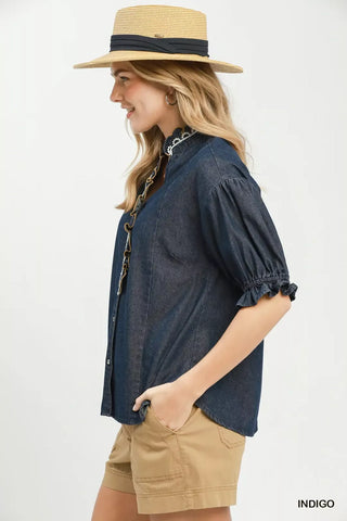 Umgee Chambray Scalloped Trim Button Front Blouse - Glamourous Grace