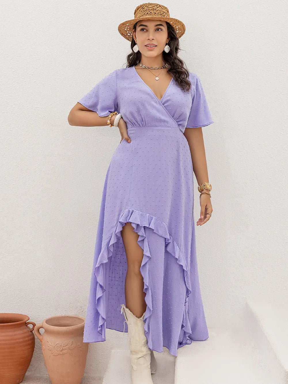 Plus Size Swiss Dot High-Low Surplice Dress - Glamourous Grace