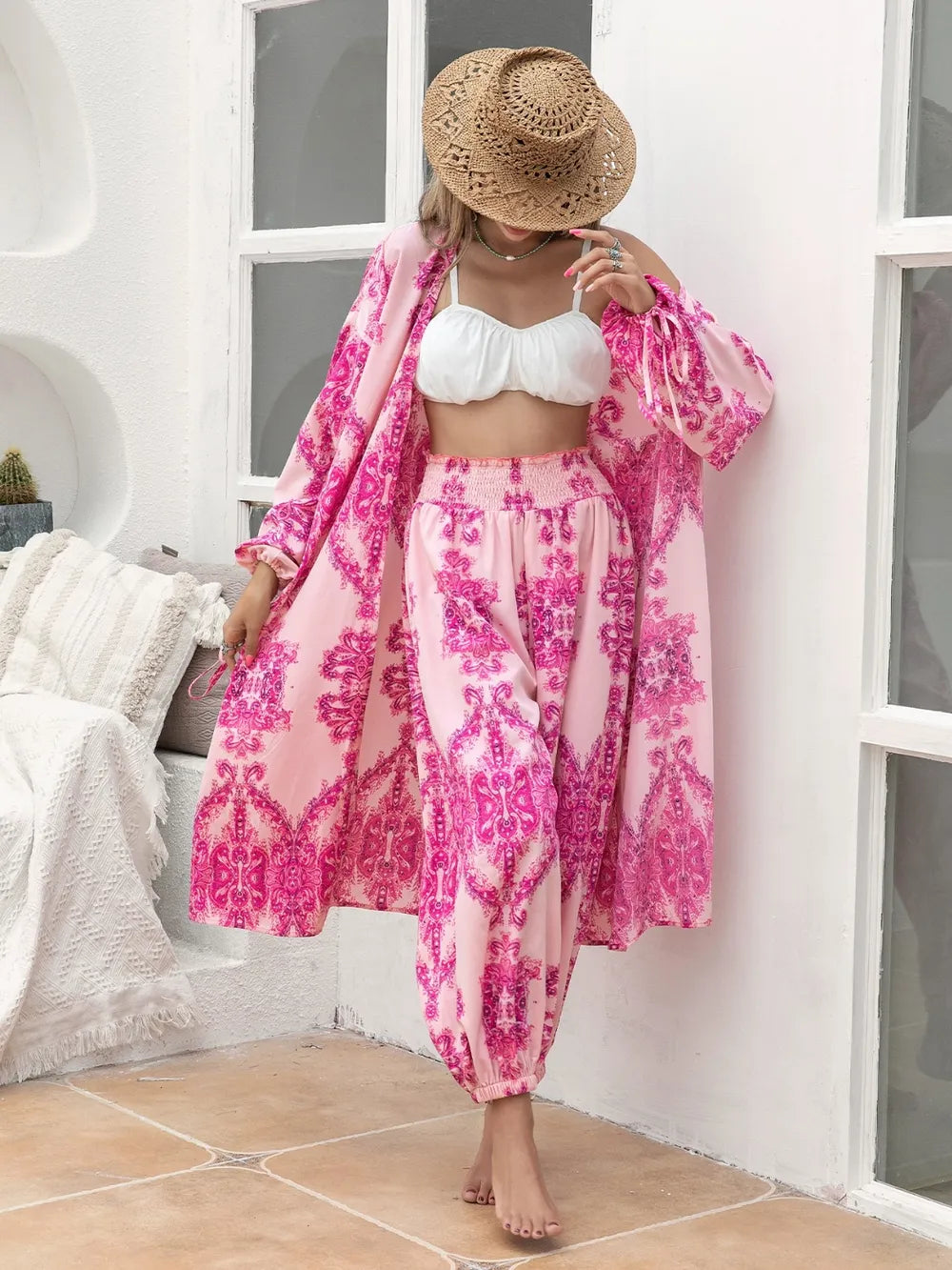 Printed Open Front Top and Pants Set - Glamourous Grace