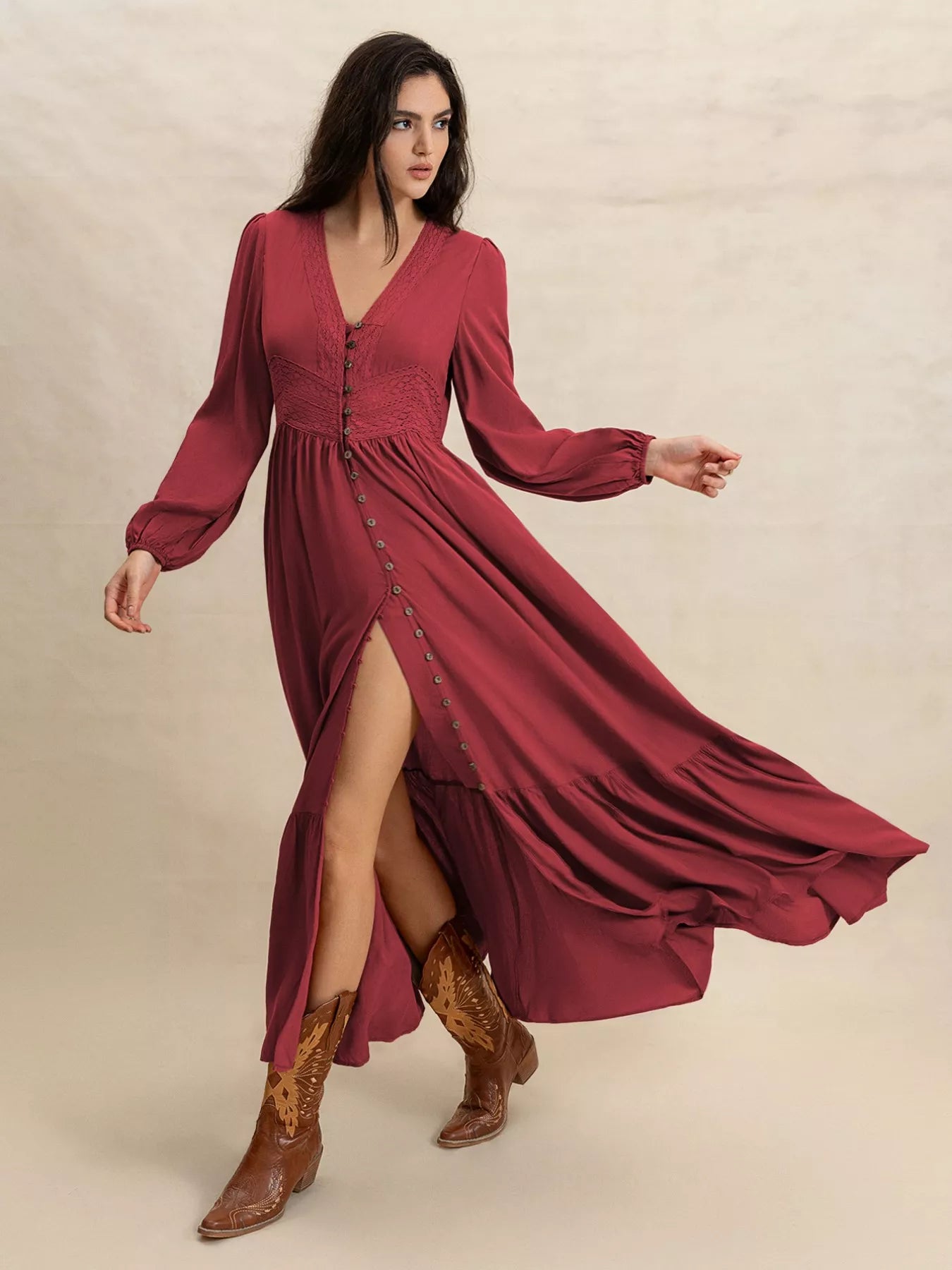 Plus Size V-Neck Balloon Sleeve Maxi Dress - Glamourous Grace