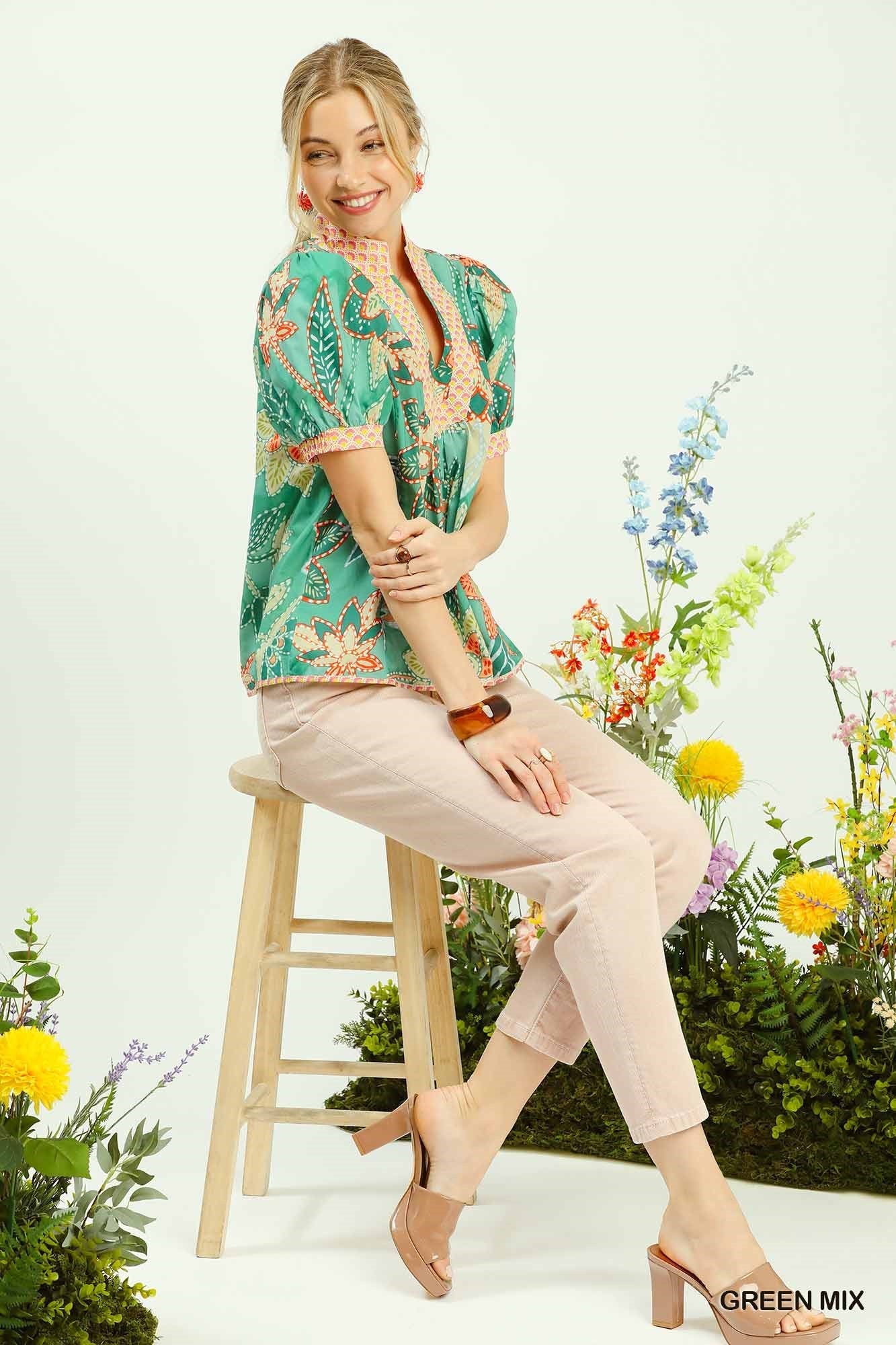 Umgee Mixed Abstract Print Puff Sleeve Blouse in Green - Glamourous Grace