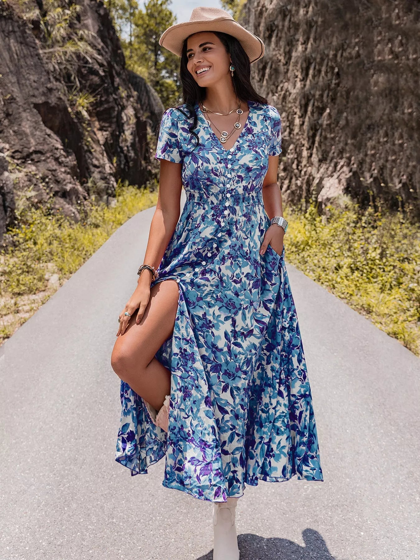 Floral Print V-Neck Slit Midi Dress - Glamourous Grace