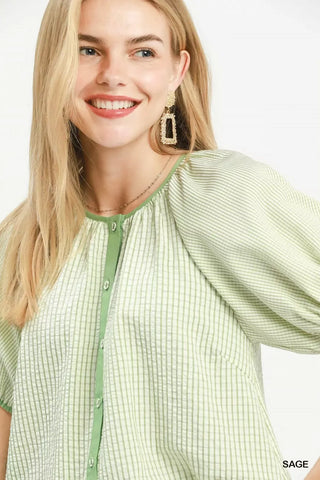Umgee Checker Puff Sleeve Button Front Blouse - Glamourous Grace
