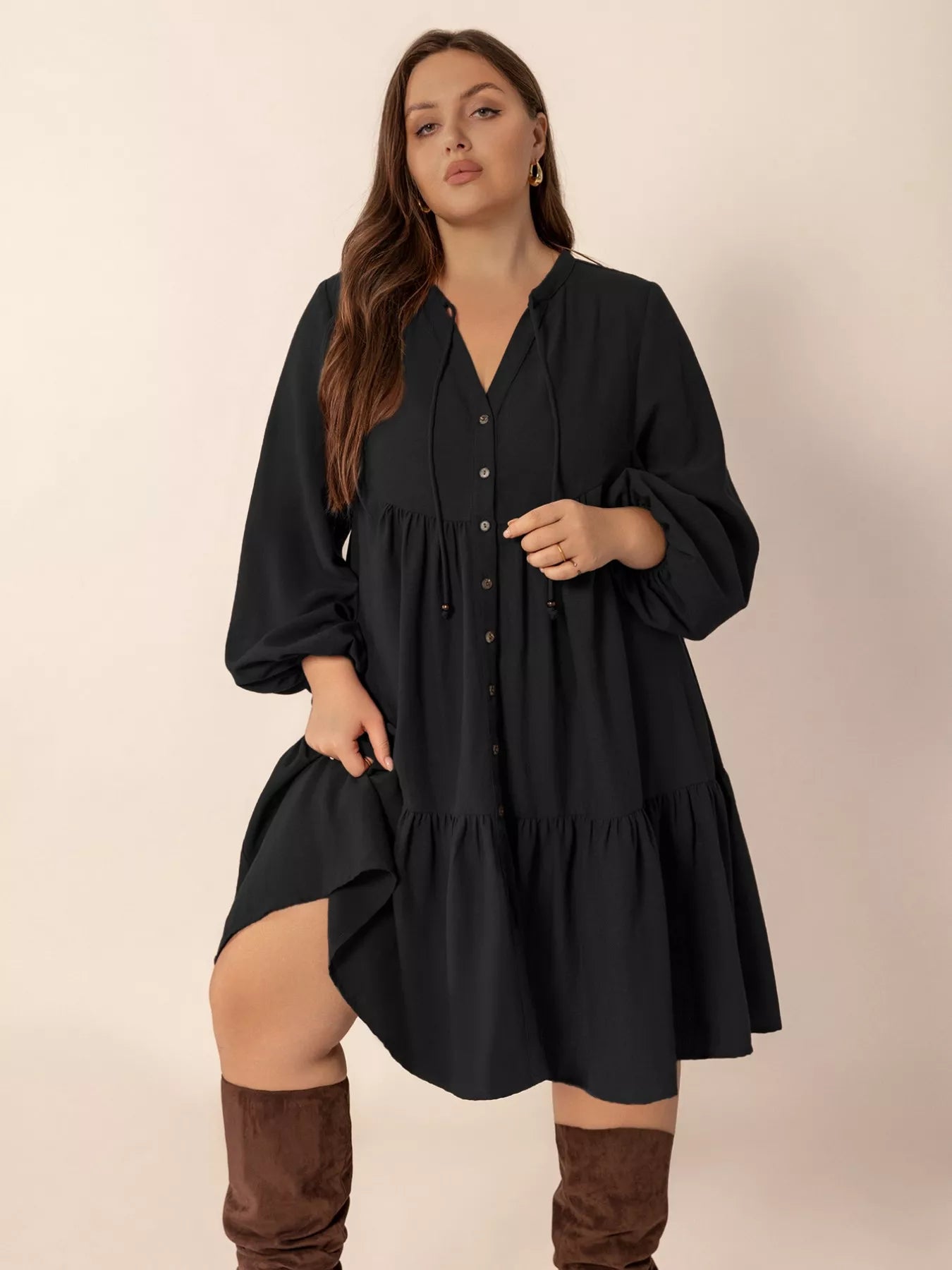 Plus Size Button Front Balloon Sleeve Dress - Glamourous Grace