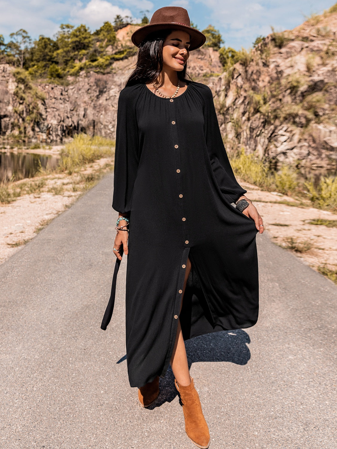 Long Sleeve Round Neck Dress - Glamourous Grace