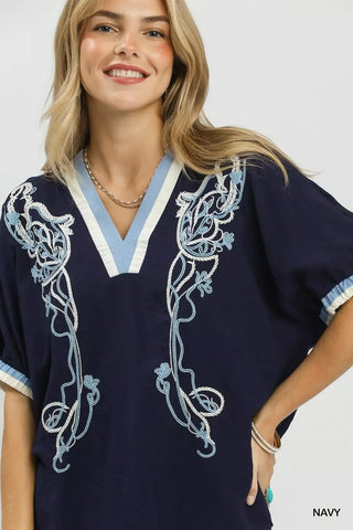 Umgee Embroidered Floral V-Neck Short Sleeve Blouse with Contrast Trim - Glamourous Grace