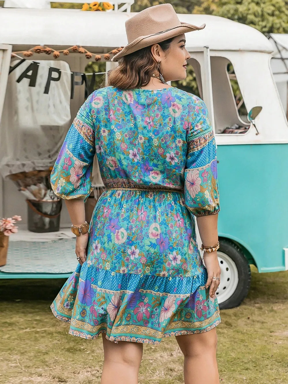 Plus Size Printed Tie Neck Mini Dress - Glamourous Grace