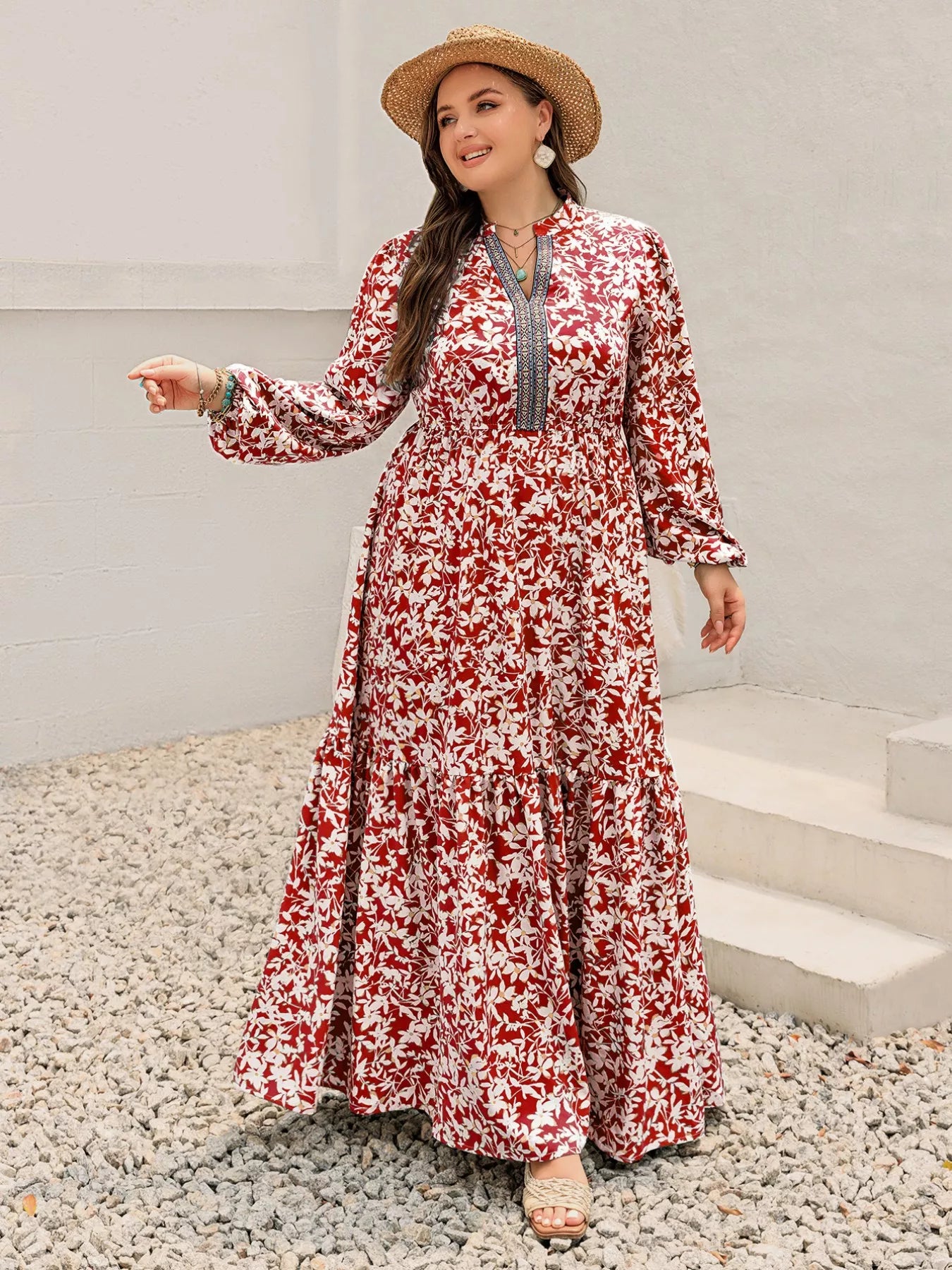 Plus Size Floral Print Long Sleeve Maxi Dress - Glamourous Grace