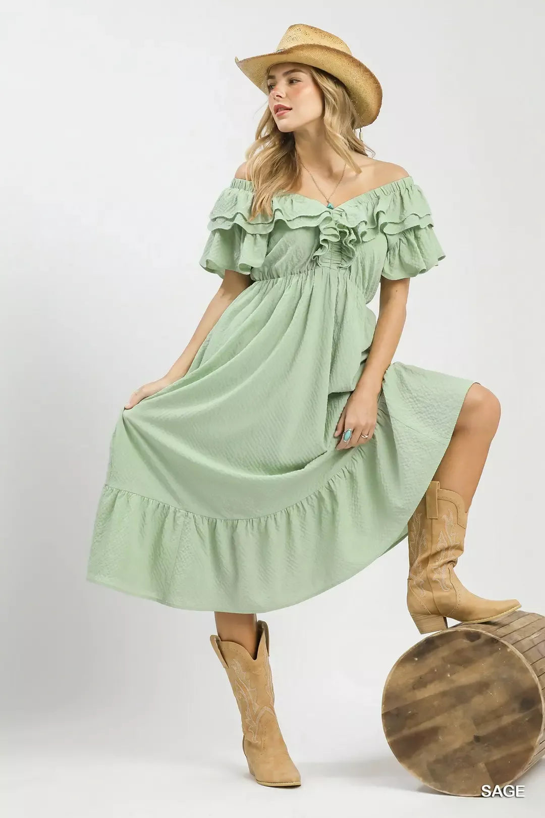 Umgee Textured Ruffle Midi Dress - Glamourous Grace