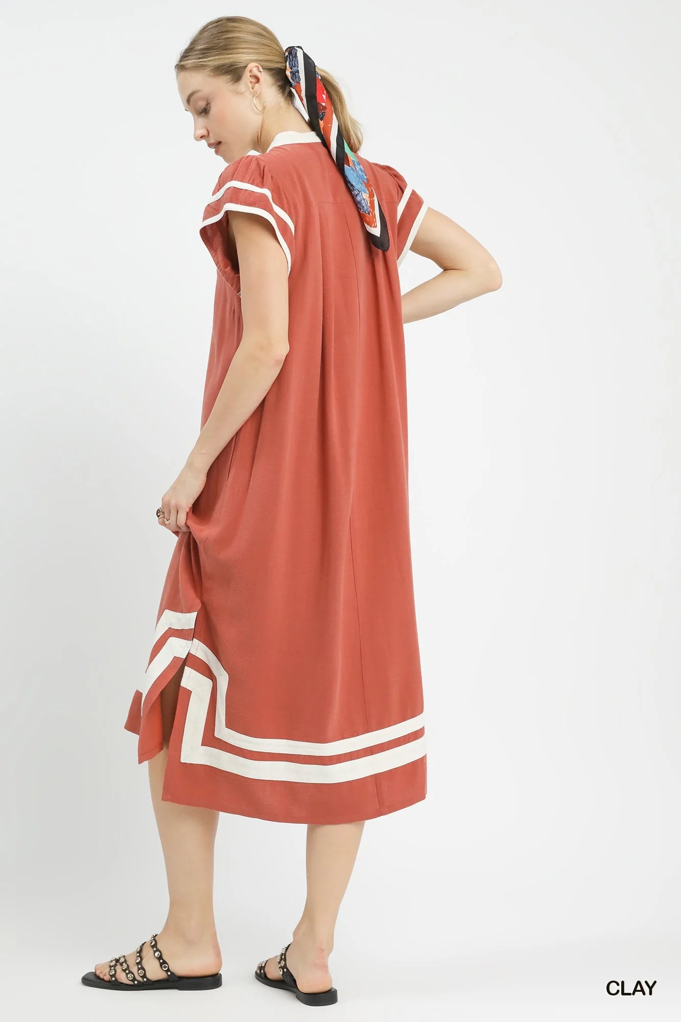 Umgee Linen Cotton Contrast Neckline Midi Dress in Clay - Glamourous Grace