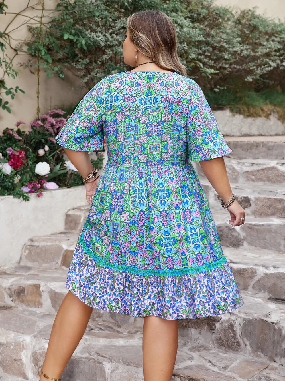 Plus Size Ruffled Hem Lace Detail Printed Half Sleeve Dress - Glamourous Grace
