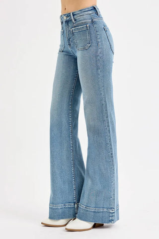 RISEN High Rise Wide Flare Patch Pocket Jeans
