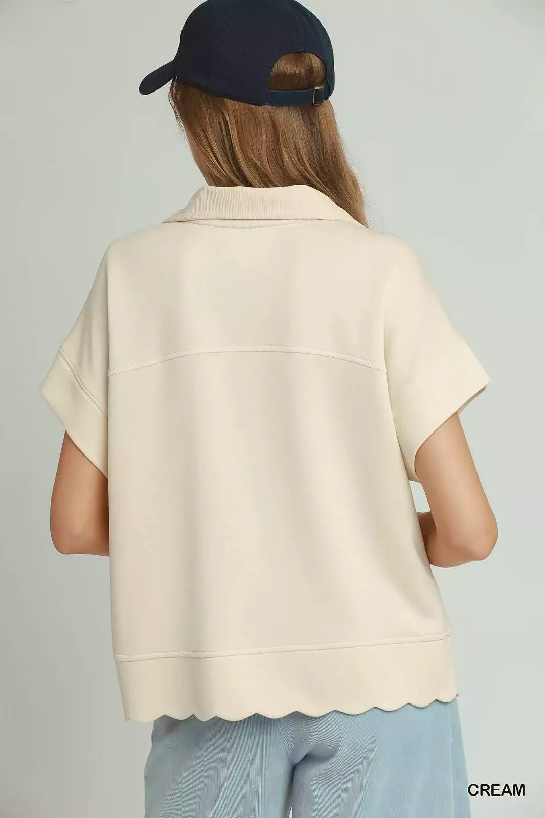 Umgee Half Zip Pullover with Scalloped Edge Hem - Glamourous Grace