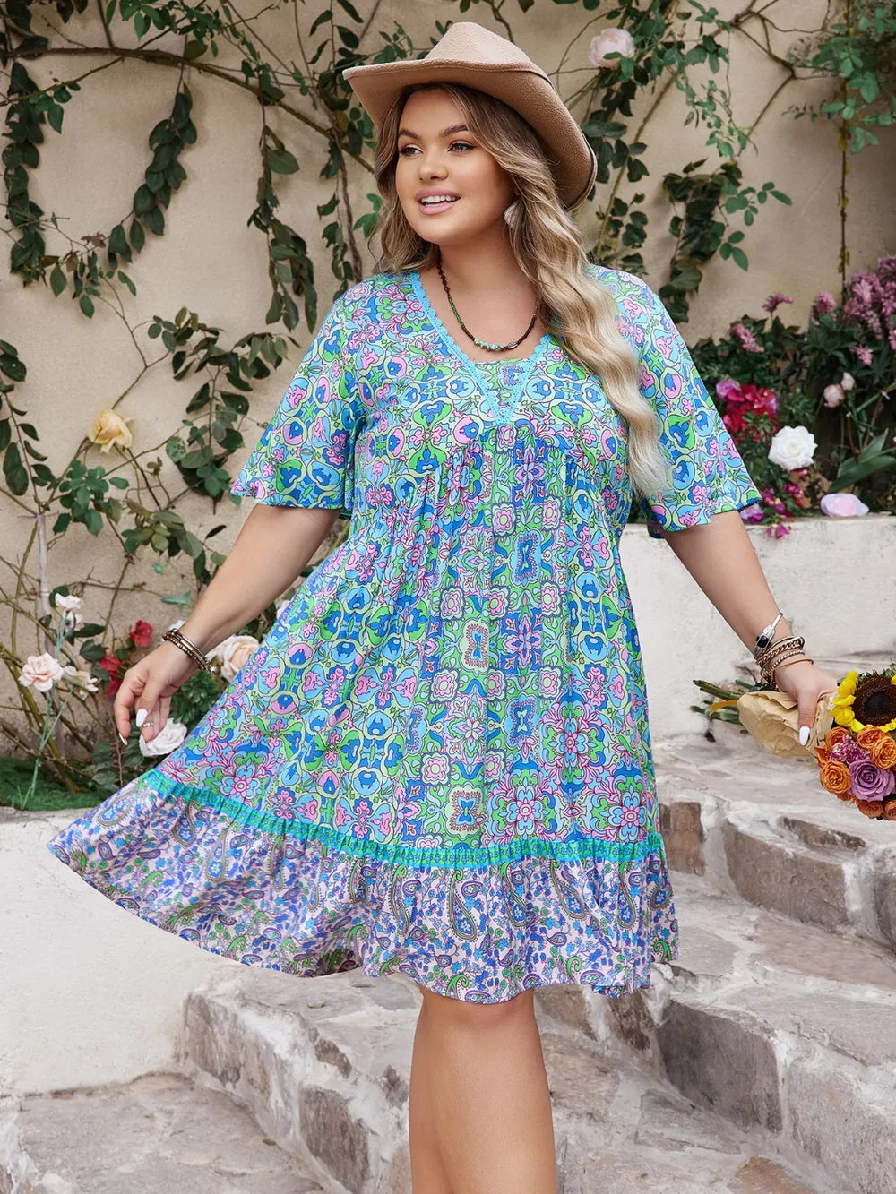 Plus Size Ruffled Hem Lace Detail Printed Half Sleeve Dress - Glamourous Grace