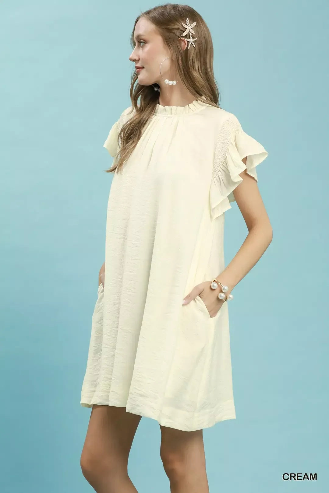 Umgee Ruffle Flutter Sleeve Dress in Cream - Glamourous Grace