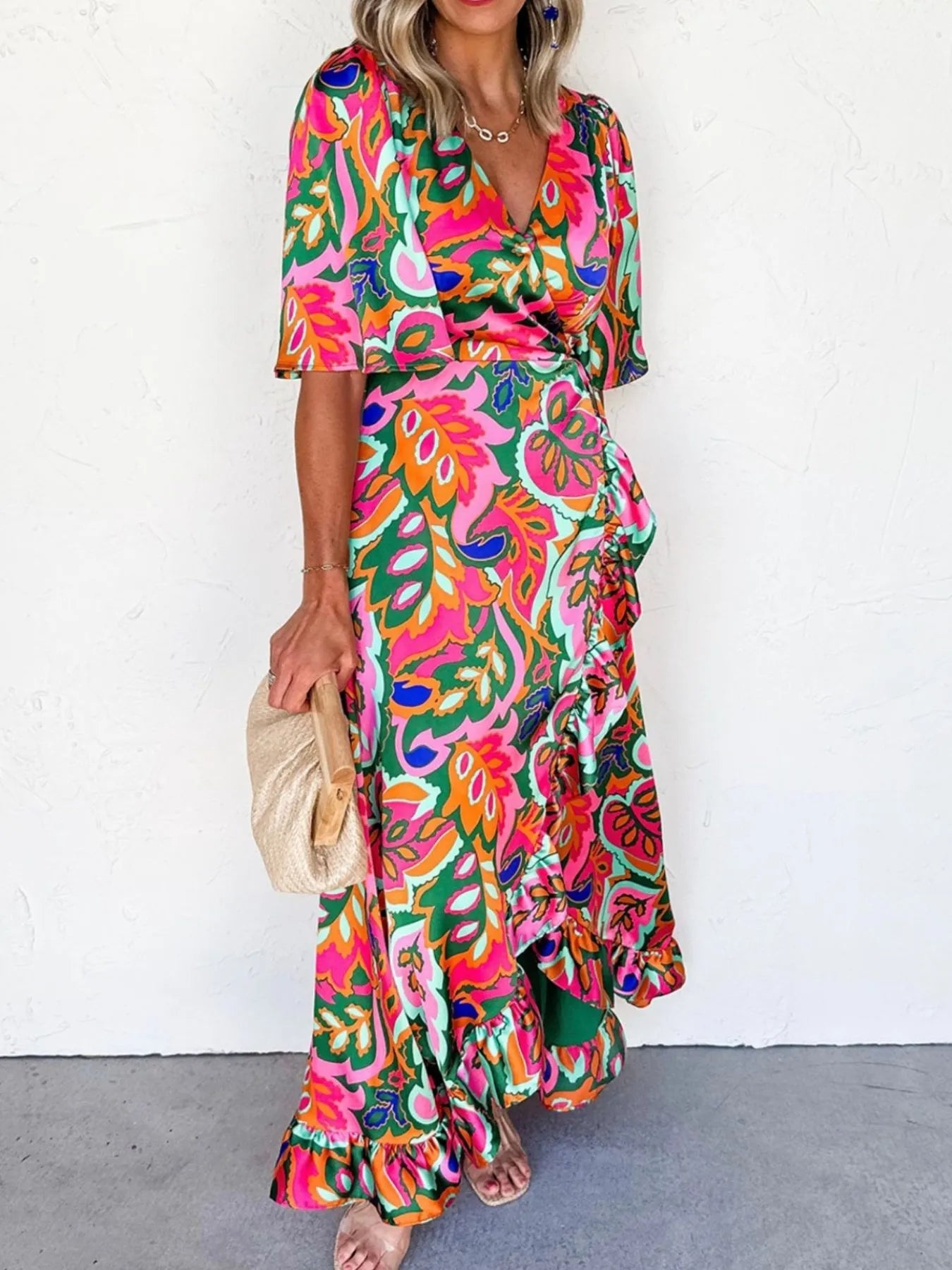Floral Print Wrap Maxi Dress with Ruffle Details - Glamourous Grace