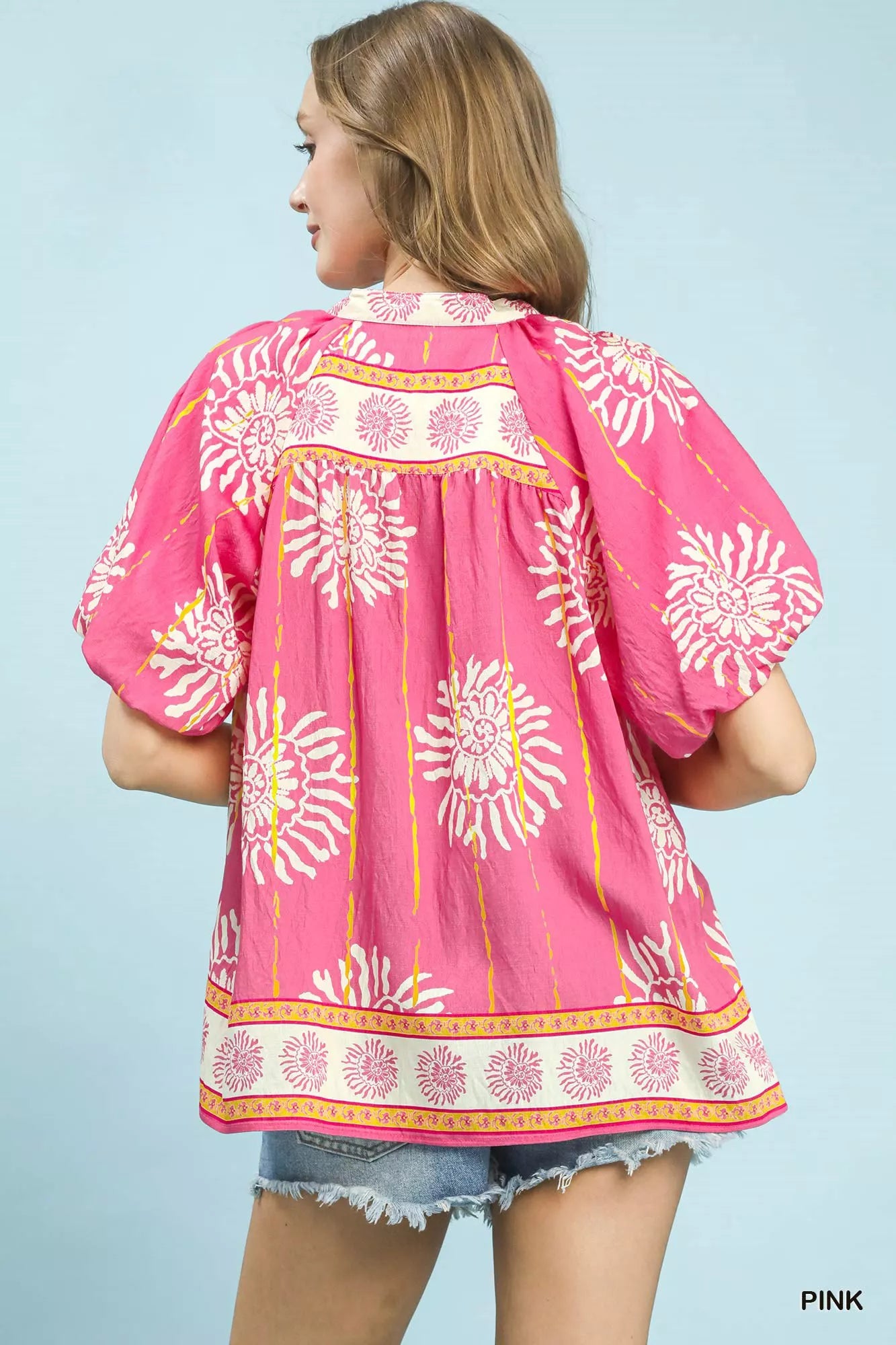 Umgee Floral Border Smocked V-Neck Boho Blouse - Glamourous Grace