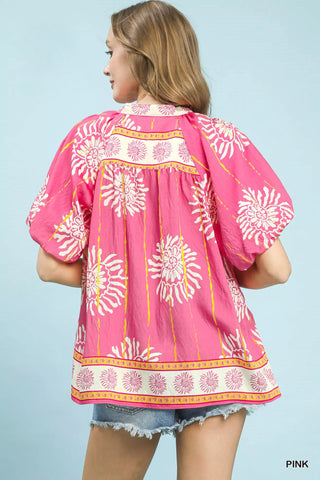 Umgee Floral Border Smocked V-Neck Boho Blouse - Glamourous Grace