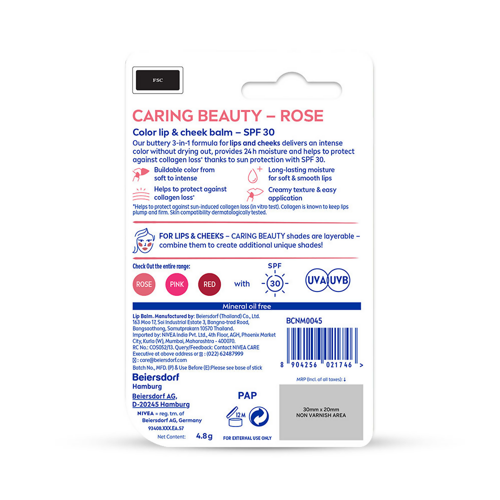 Nivea Lip Caring Beauty Red Lip Balm With SPF 30 - Rose - Glamourous Grace