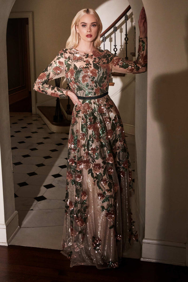 Andrea & Leo A0926 Long Sleeved Evening Gown with Floral Appliques - Glamourous Grace