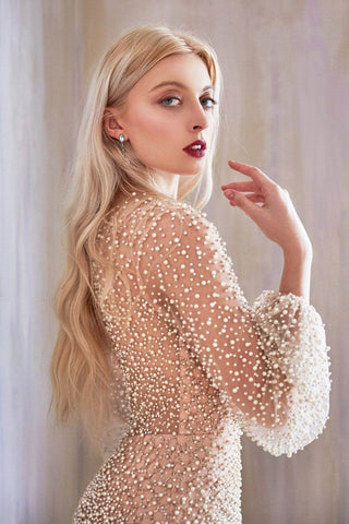 Andrea & Leo A0997W Pearl Beaded Long Sleeve Fit and Flare Long Dress