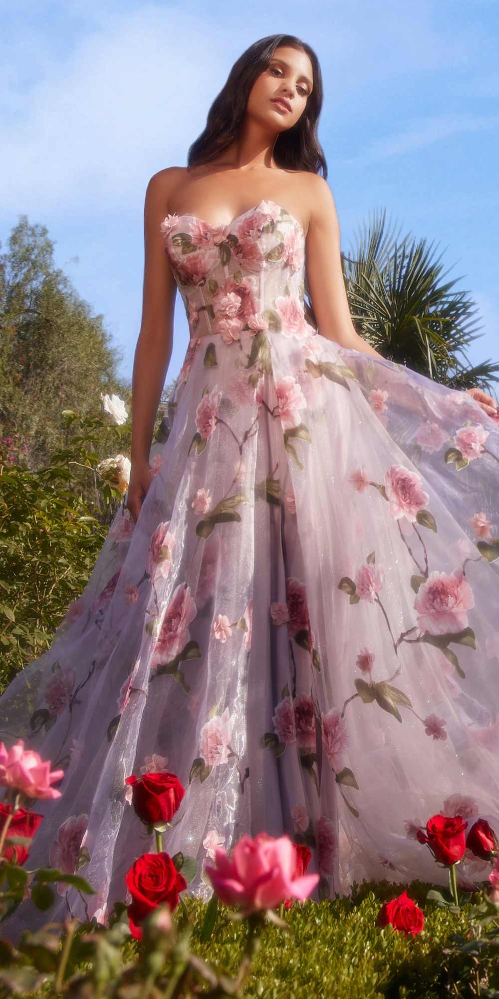 Andrea & Leo A1035 Strapless Organza Ball Gown Floral Print - Glamourous Grace