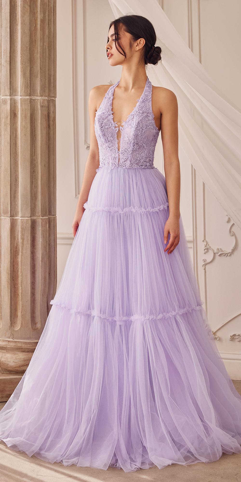 Andrea & Leo A1206 Long A-Line Garden Lace Halter Gown With Tier Skirt - Glamourous Grace