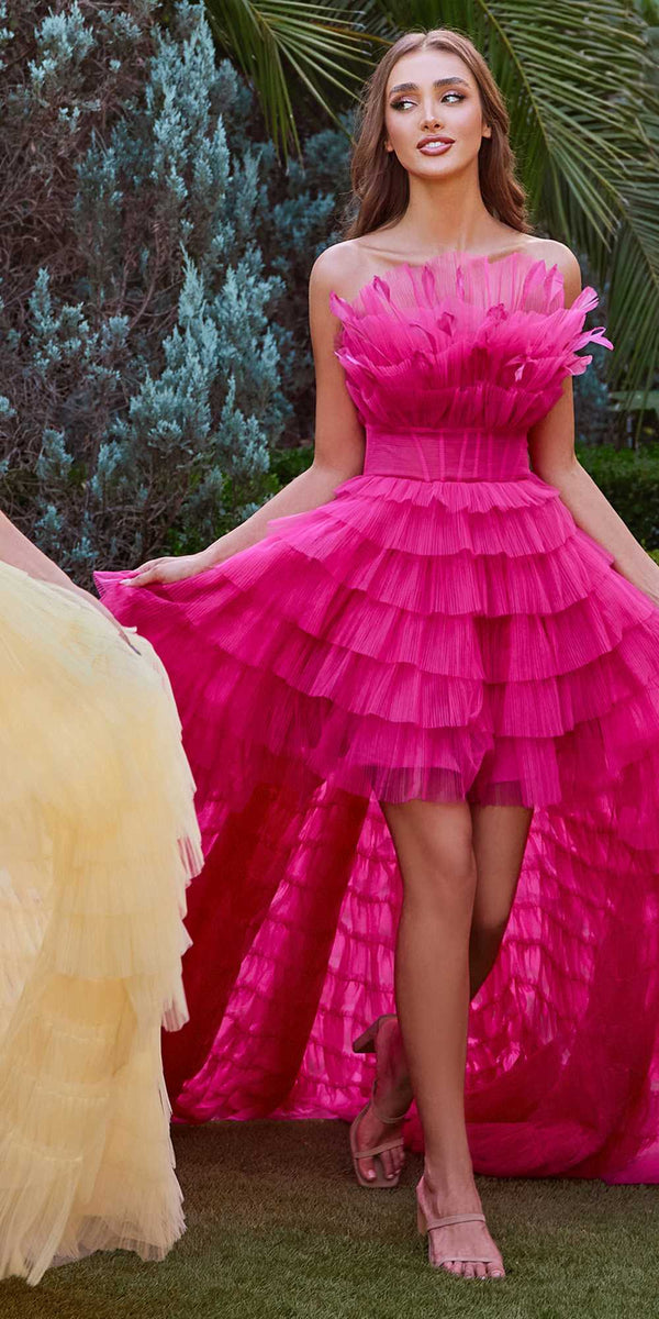Andrea & Leo A1240 High-Low Ruffled Tiered Tulle Gown Feather Details - Glamourous Grace